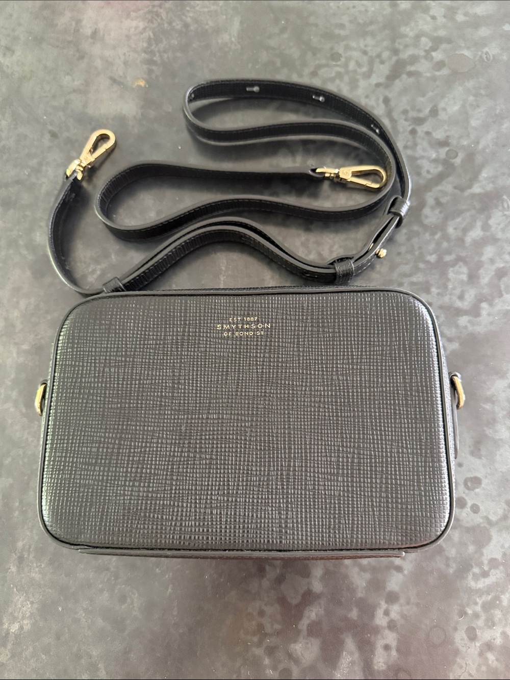 Smythson Black Textured Leather Camera-Style Crossbody